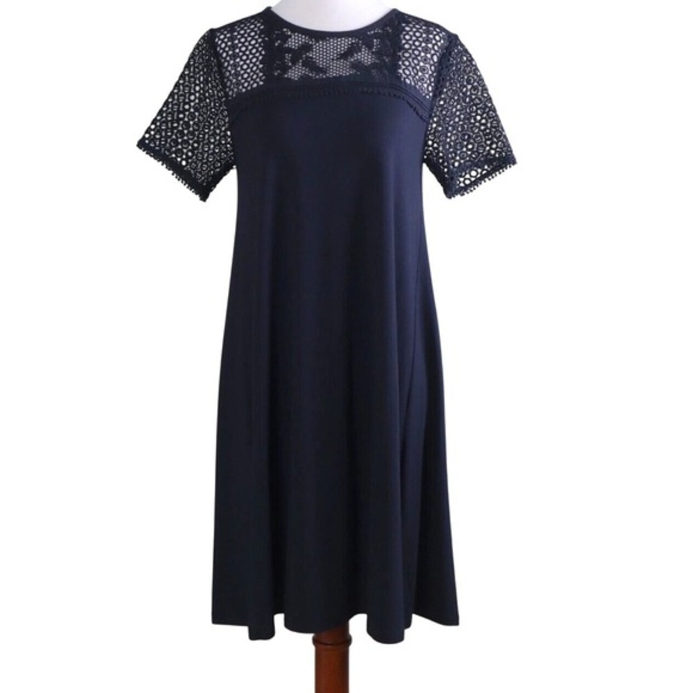 Loft Dress Size S Navy Blue Crochet Lace Yoke Swing Trapeze Boho Mini‎ Mod Flowy